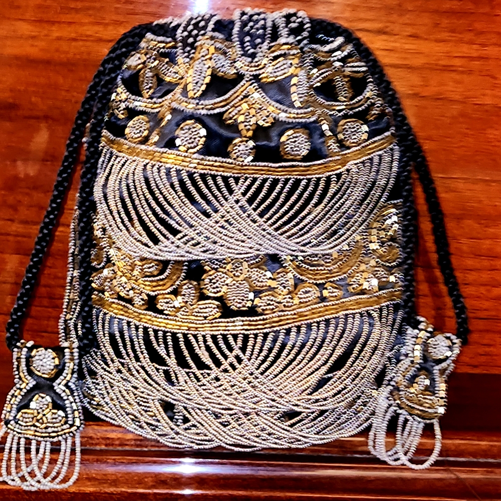 French Antique Micro Glass Beaded Drawstring Bucket Collectible Mini Bag